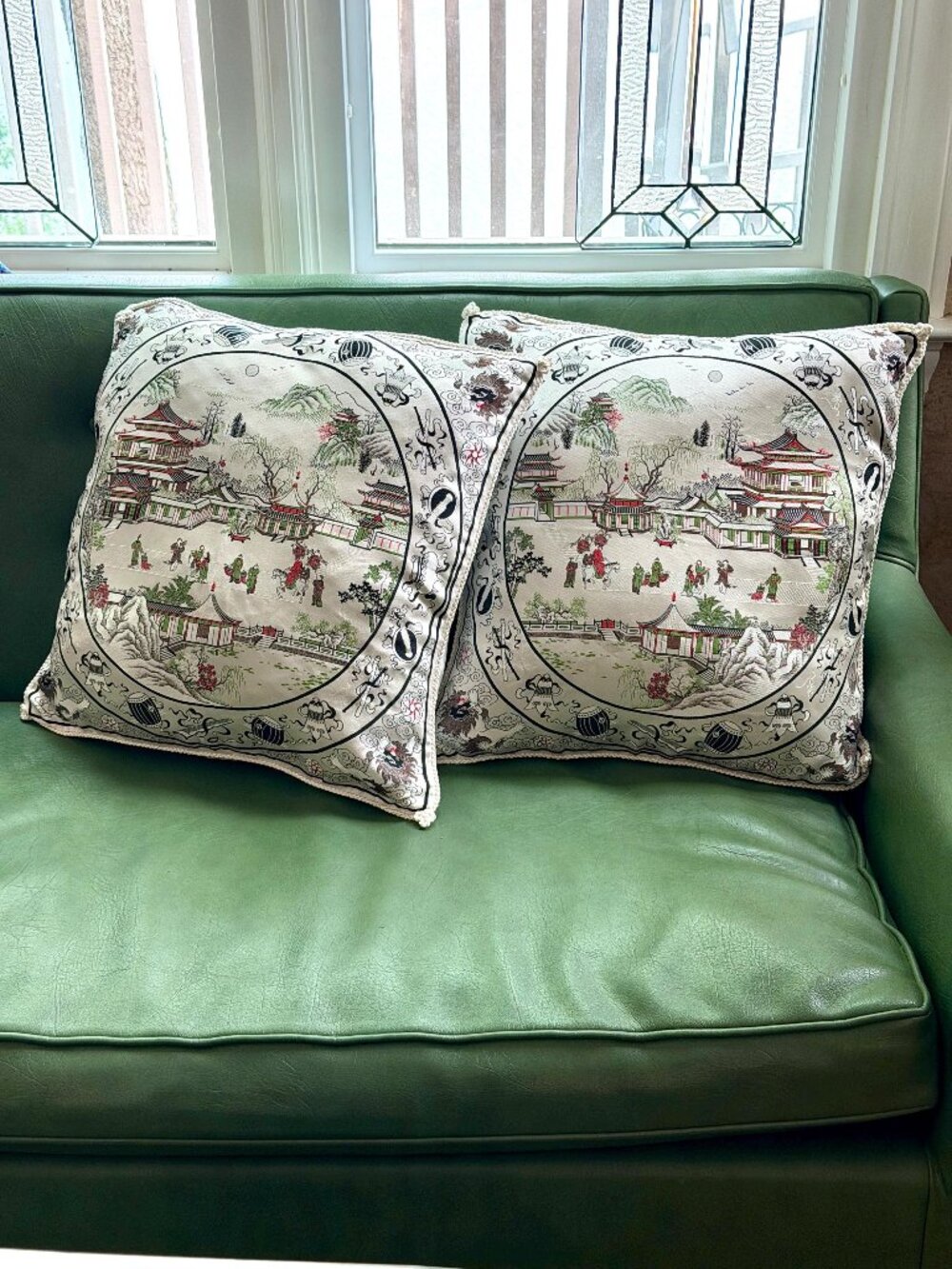 Mid Century Jin Hua Brocaded Flowers Cushion Covers Pair Chinese Village 18”